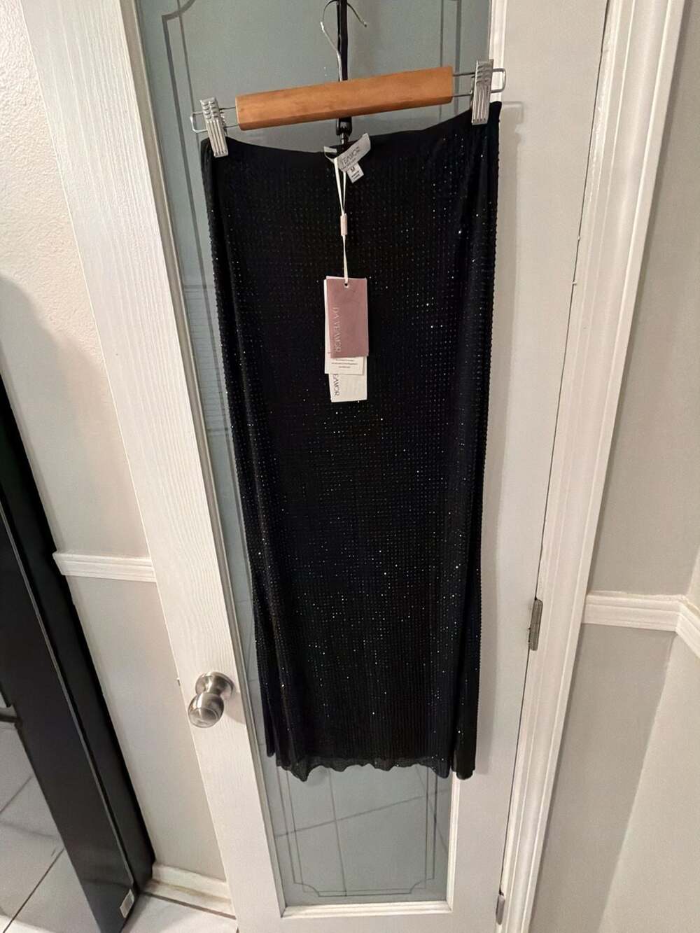 Da Veamor Rhinestone Midi Skirt Size M Black Mesh Sparkle